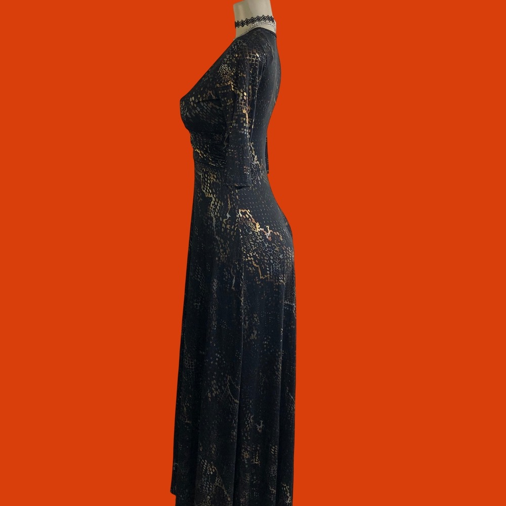 Vintage Y2K SNAP Black Gold Wrap Maxi Dress S 2000s Mesh Goth Party Clubwear - Picture 5 of 9